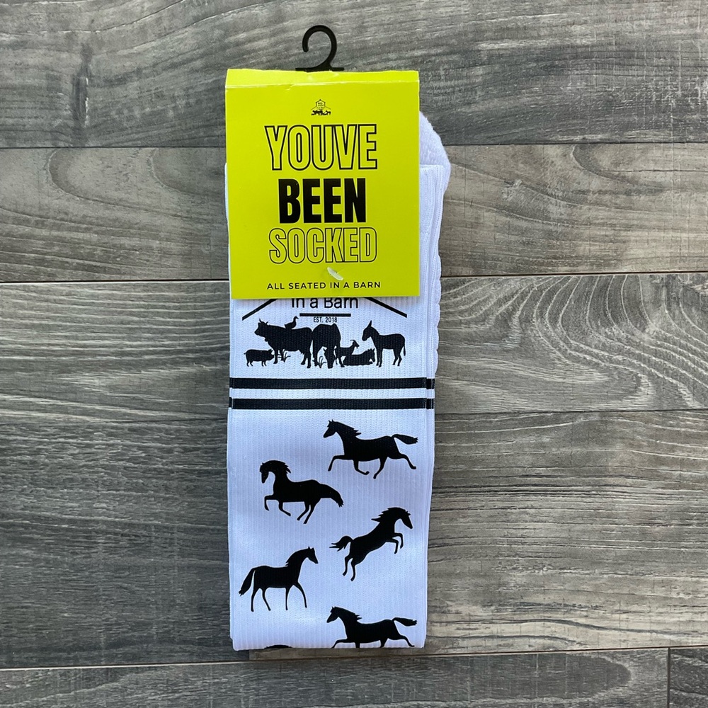 NEW You’ve been Socked Horse Crew Socks Equestrian White Black Premium